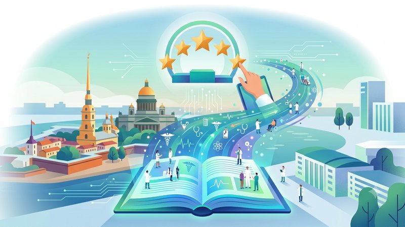 Современная иллюстрация электронной медицинской книжки в цифровом формате для рейтинга центров Санкт-Петербурга