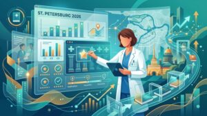 Современная иллюстрация с медицинскими документами и символикой Санкт-Петербурга для рейтинга центров оформления медкнижек