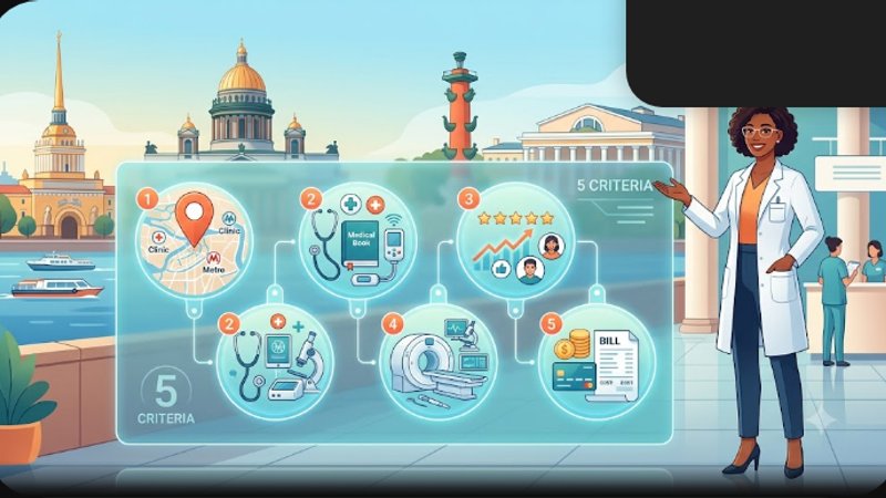 Современная иллюстрация с медицинскими символами для статьи о выборе центра оформления медкнижек в Петербурге
